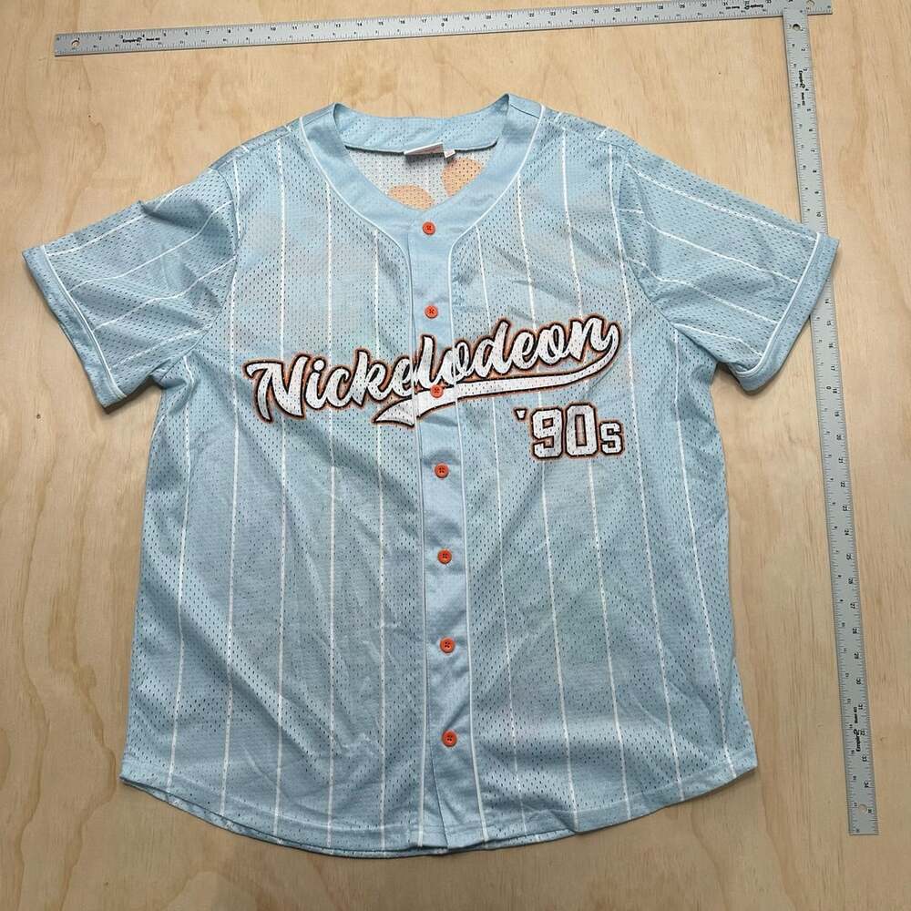 Nickelodeon 90s Baseball Jersey Men 4XL Light Blue Button Front Short Sleeve NEW